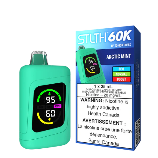 STLTH 60K Disposable Vape with 25mL e-liquid capacity, 20mg nicotine strength, LED battery and e-liquid display, USB Type-C charging, airflow control, and three output modes.