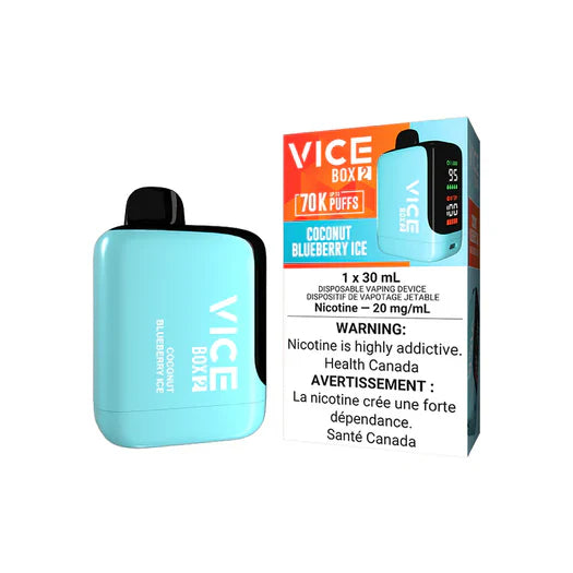VICE BOX iQ Coconut Blueberry Ice disposable vape with 70,000 puff capacity, 30mL e-liquid, 20mg/mL nicotine strength, digital display, and blue retail packaging.