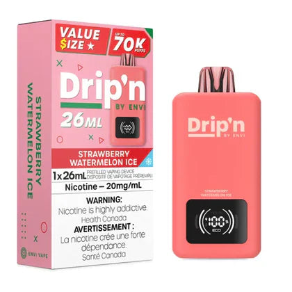 Drip’n by Envi 70K Disposable Vape with 26mL e-liquid, 20mg nicotine strength, USB-C charging, Eco and Normal Modes, and up to 70,000 puffs.