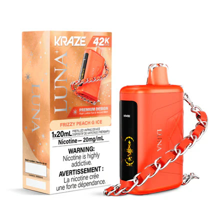 KRAZE LUNA Disposable Vape 42K with leather-feel finish, HD screen, Type-C charging, adjustable airflow, and up to 42,000 puffs.