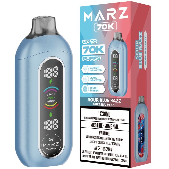 Sour Blue Razz - 70000 puffs - 20mg/ml nicotine strength - 30ml e-juice - Marz 70K Disposable Vape