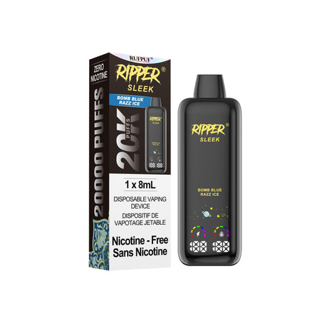 Bomb Blue Razz Ice Ripper SLEEK zero nicotine disposable vape with 20,000 puffs, 8mL 0mg e-liquid, dual mesh coil, and glossy glass finish – Quality Vapes Canada.