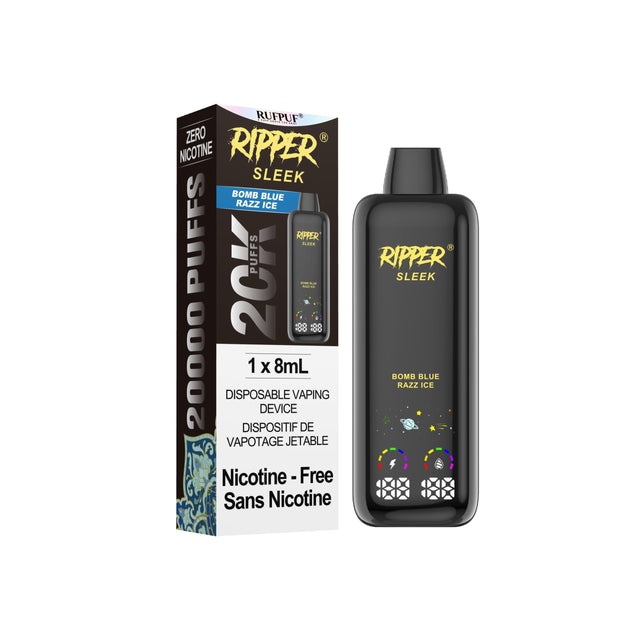 Bomb Blue Razz Ice Ripper SLEEK zero nicotine disposable vape with 20,000 puffs, 8mL 0mg e-liquid, dual mesh coil, and glossy glass finish – Quality Vapes Canada.