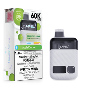 CAPSL 60K Apple Kiwi Ice disposable vape with 60000 puffs and 20mg nicotine shown with device and box packaging.