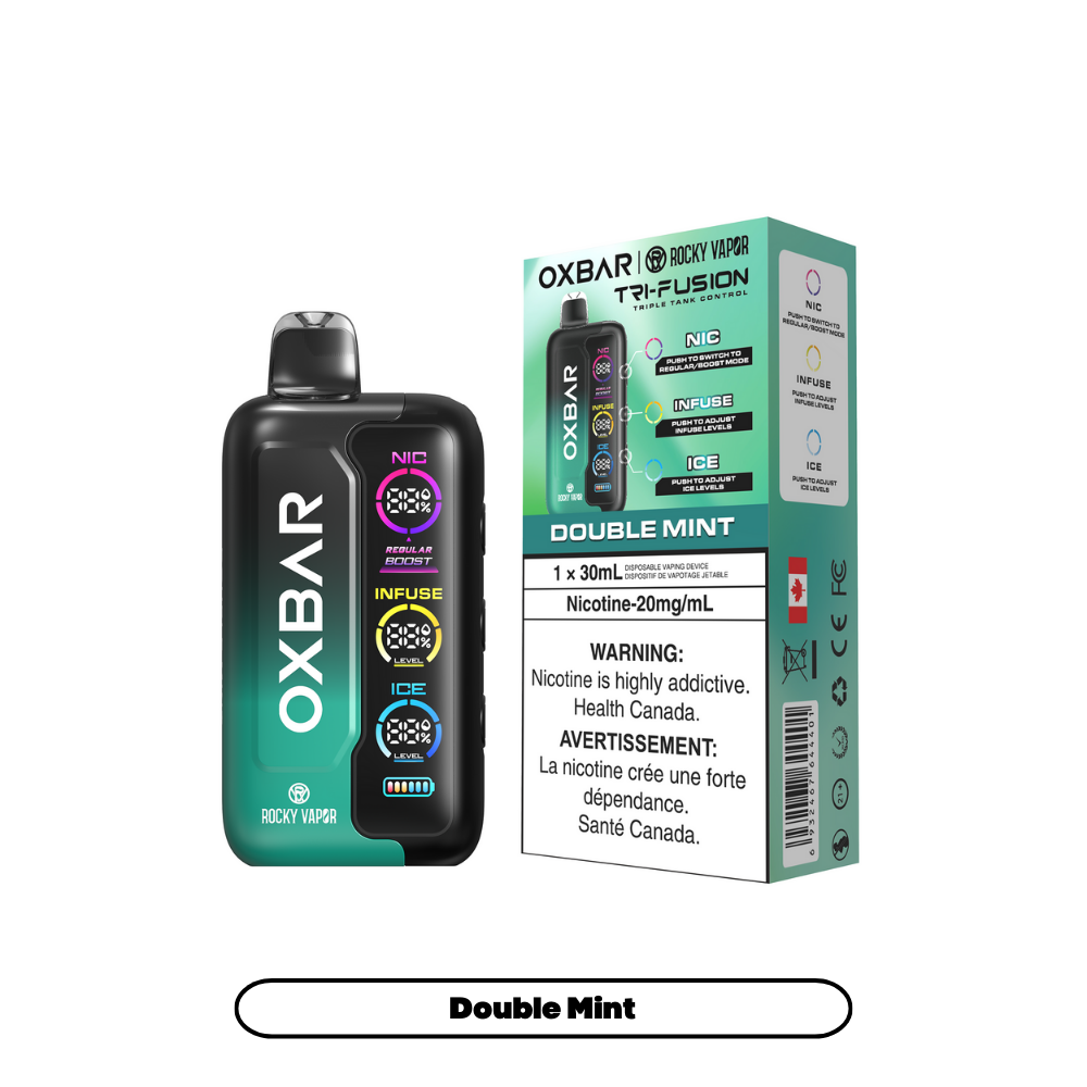Double Mint - Oxbar Rocky Vapor Tri Fusion Disposable Vape - 30mL - 30000+ Puffs - Nicotine Strength 20mg/mL.
