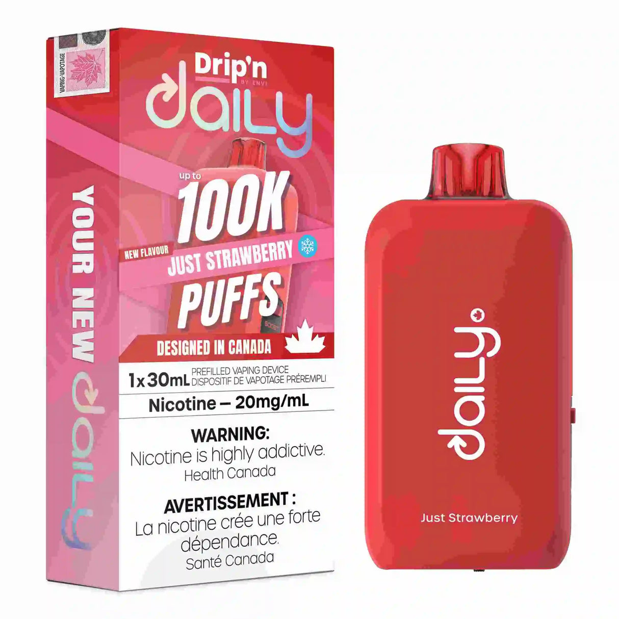 Just Strawberry Drip’n Daily 30mL Disposable Vape with strawberry flavour and 100,000 puffs