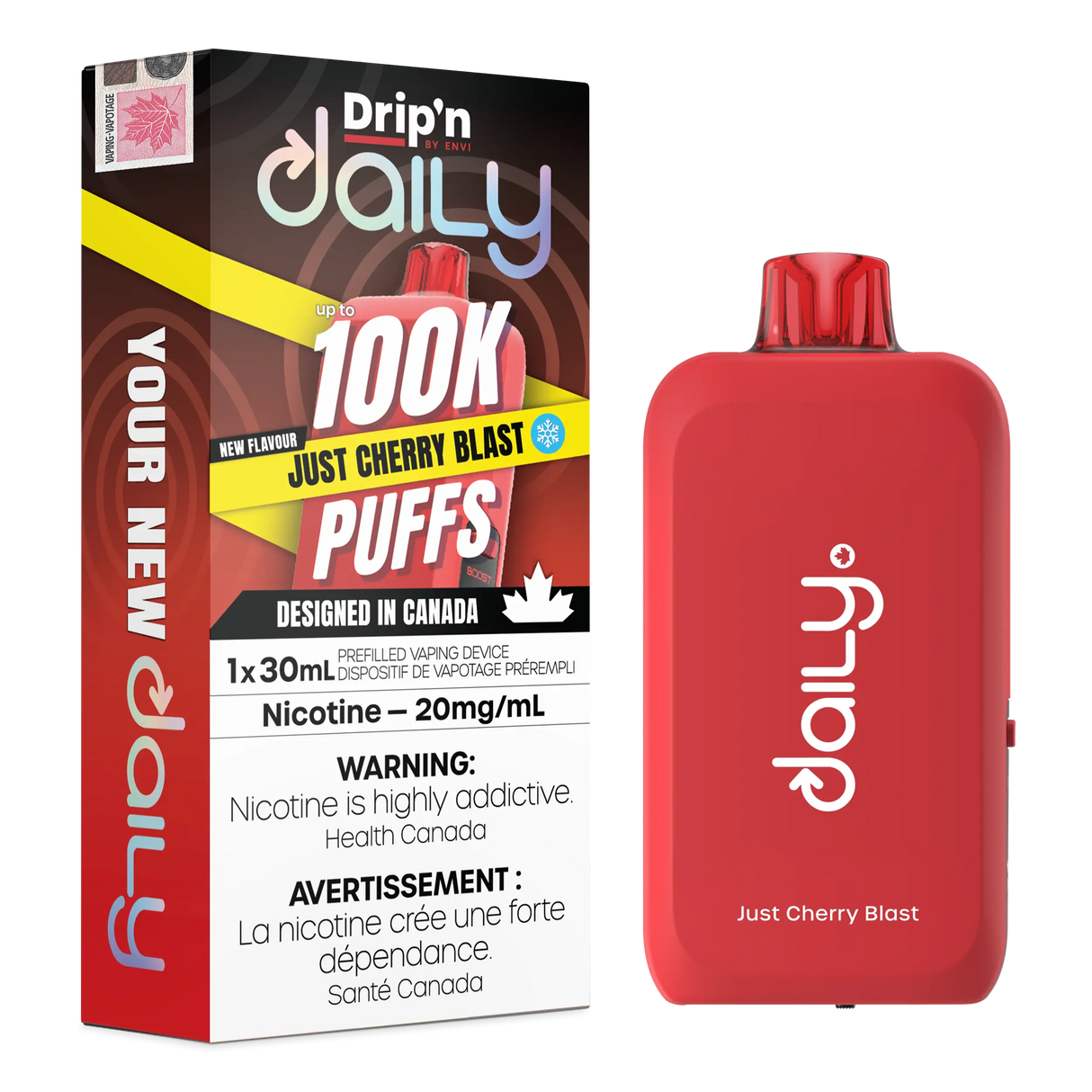 Just Cherry Blast Drip’n Daily 30mL Disposable Vape with cherry flavour and 100,000 puffs