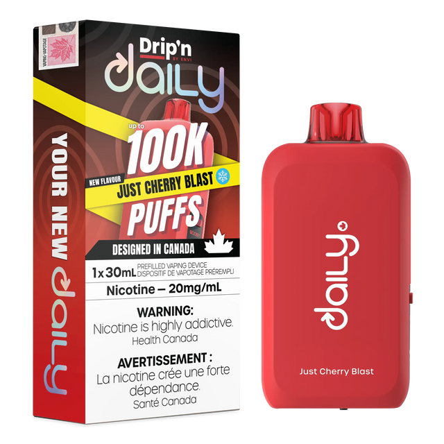 Just Cherry Blast Drip’n Daily 30mL Disposable Vape with cherry flavour and 100,000 puffs