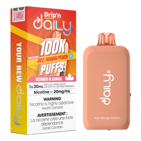Just Mango Peach Drip’n Daily 30mL Disposable Vape with mango peach flavour and 100,000 puffs