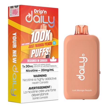 Just Mango Peach Drip’n Daily 30mL Disposable Vape with mango peach flavour and 100,000 puffs
