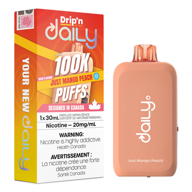 Just Mango Peach Drip’n Daily 30mL Disposable Vape with mango peach flavour and 100,000 puffs