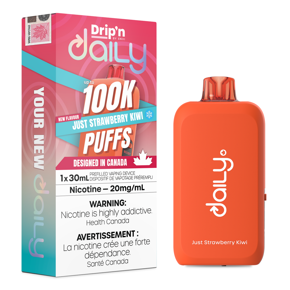 Drip’n Daily 30mL Disposable Just Strawberry Kiwi disposable vape with 100,000 puffs and dual mesh coil in Canada