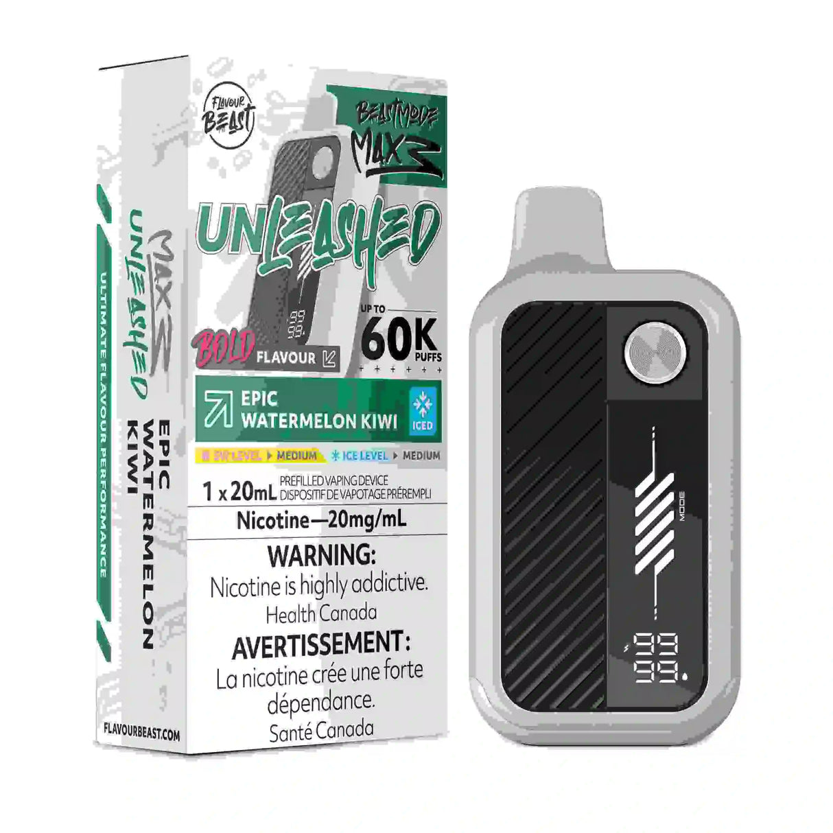 Epic Watermelon Kiwi in Flavour Beast Mode Max 3 blends juicy watermelon and tangy kiwi with Flavour Burst, 20mL, smart display, airflow, 60,000 puffs.