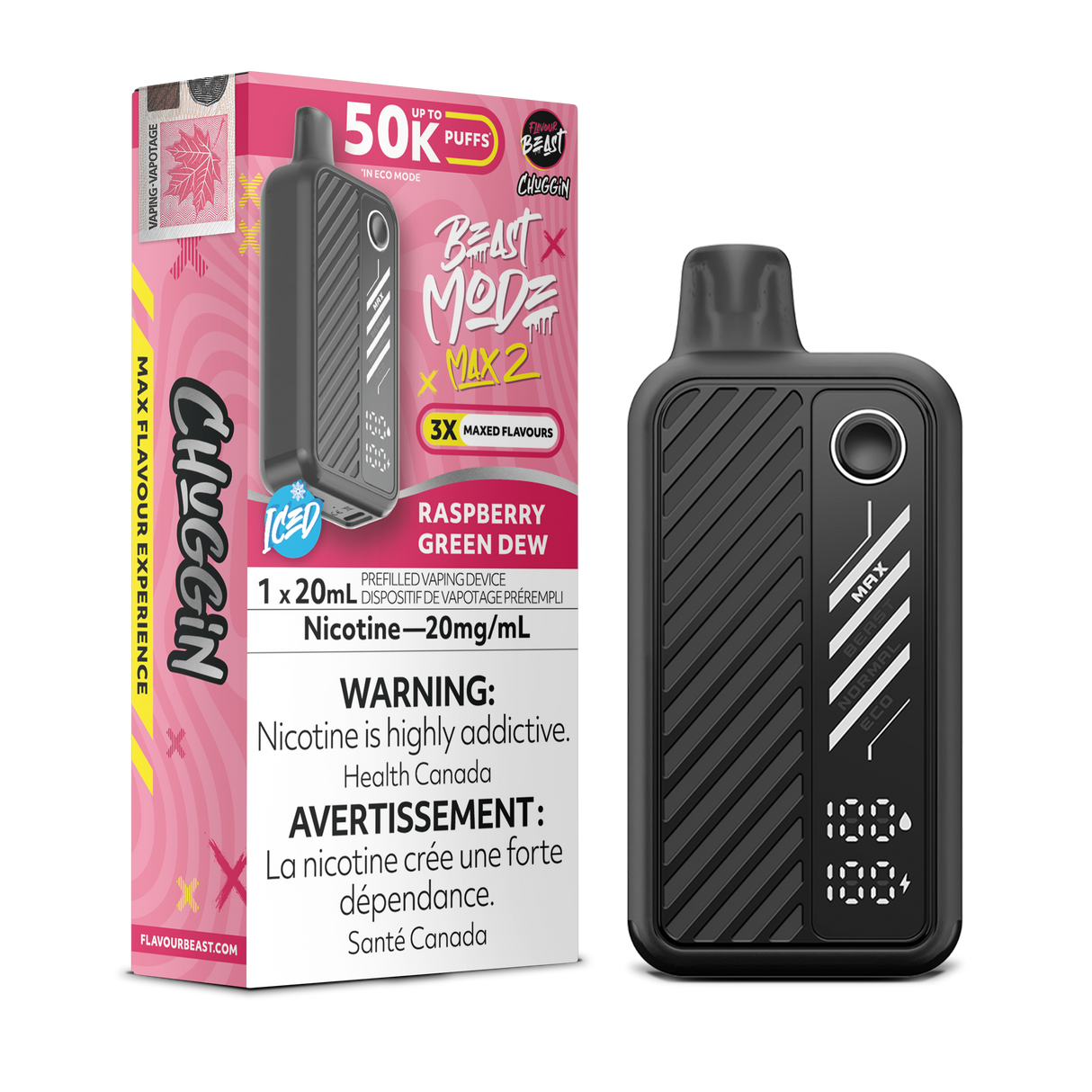 Raspberry Green Dew - Flavour Beast BeastMode Max 2 50K Disposable Vape - 20mL - 20mg/ml Nicotine strength.