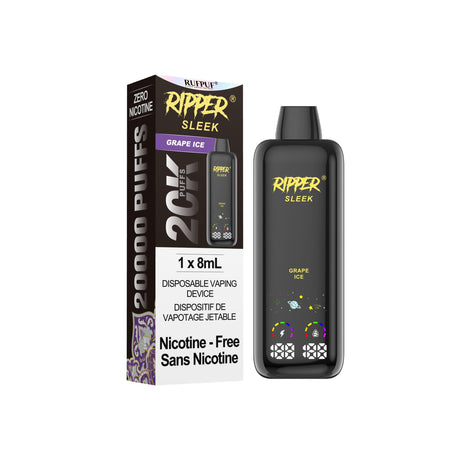 Grape Ice Ripper SLEEK zero nicotine disposable vape with 20,000 puffs, 8mL 0mg e-liquid, dual mesh coil, and glossy glass finish – Quality Vapes Canada.