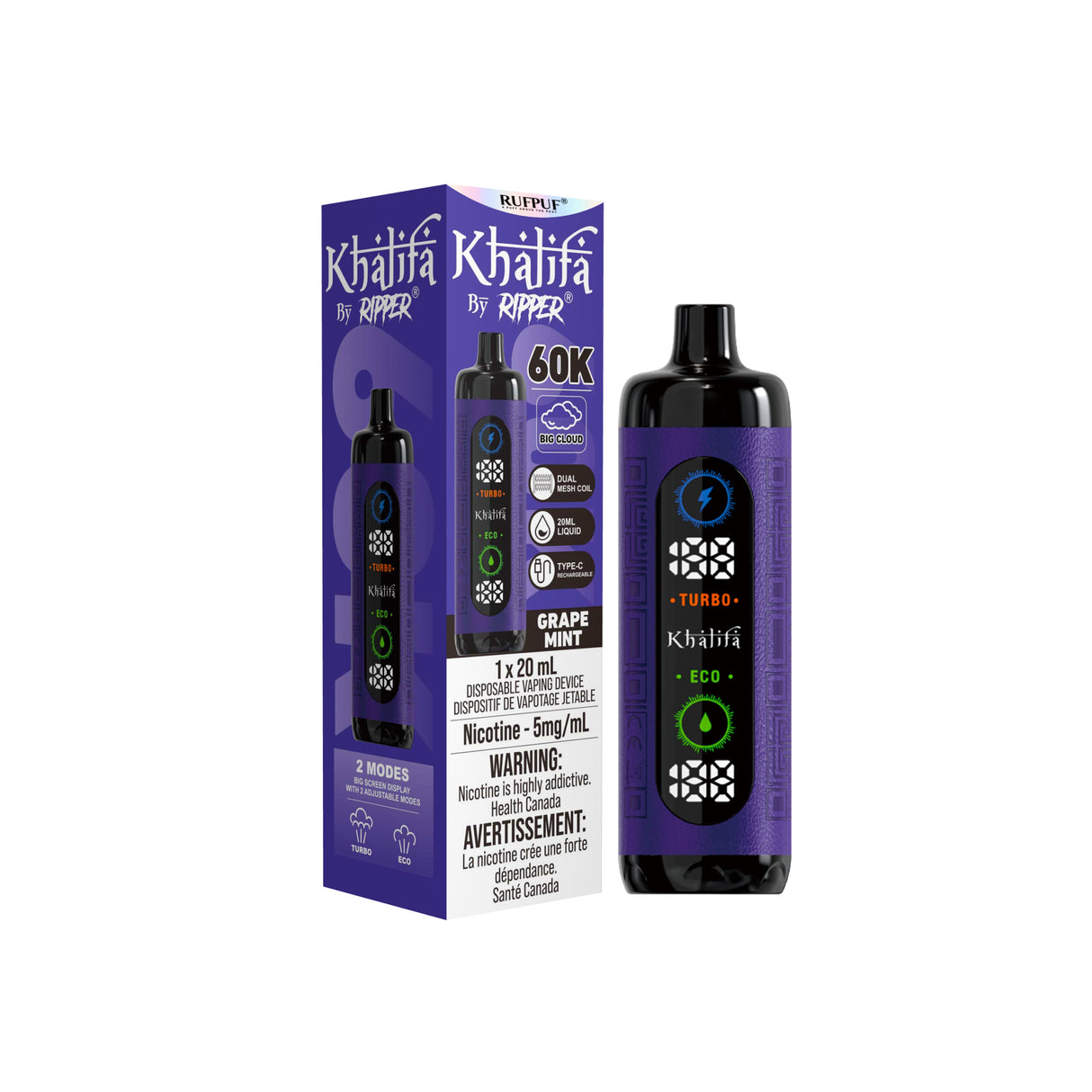 Khalifa Bar by Ripper Grape Mint flavour - premium hookah vape with 40,000 puffs, blending juicy grape and refreshing mint for a revitalizing experience.