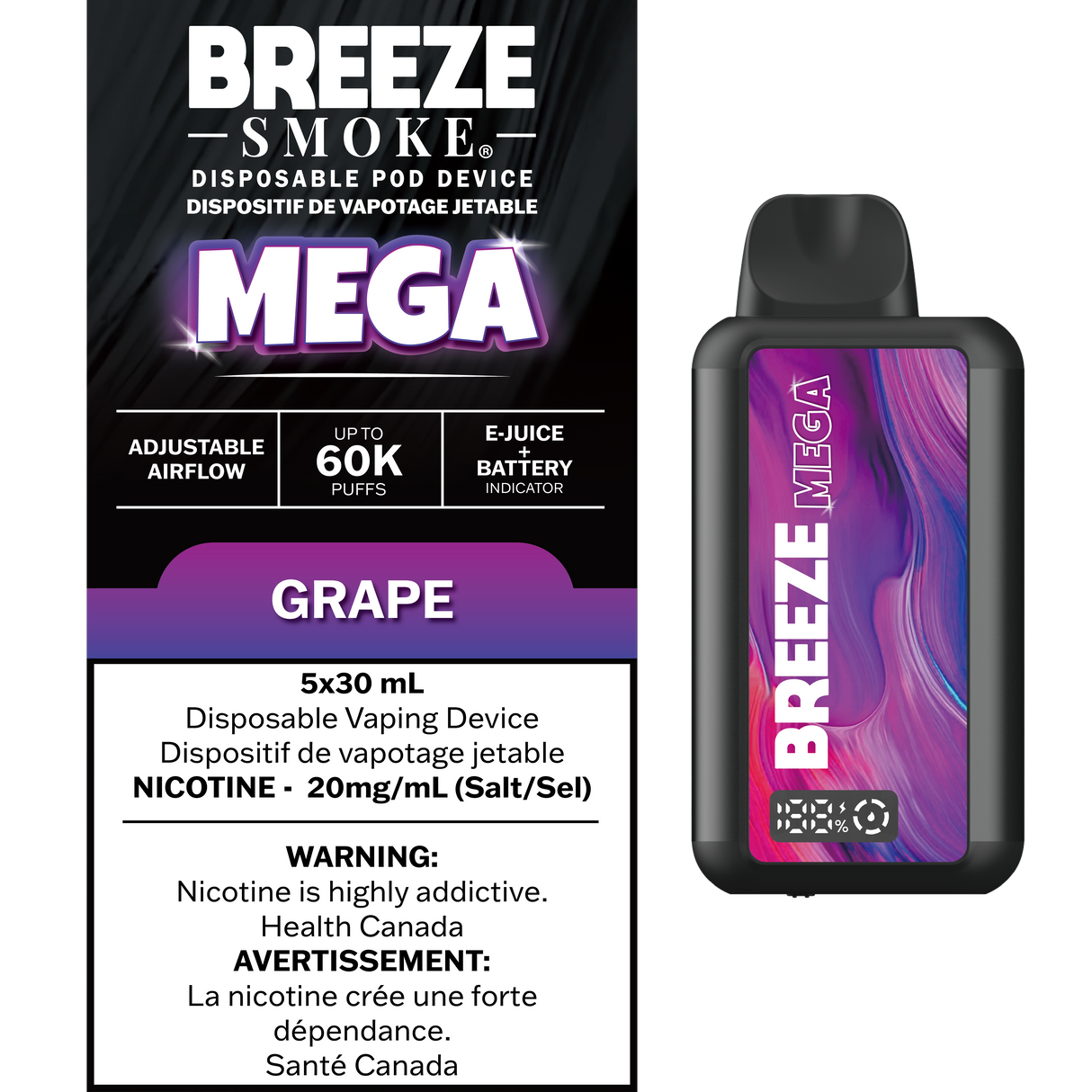 Grape – Breeze Mega 60000 Puffs – 20mg Nicotine – 30mL e-liquid