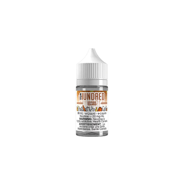 SINFUL Nic Salt Vape Juice By Hundred 30mL bottle with cocoa, vanilla, and golden dessert flavour profile.