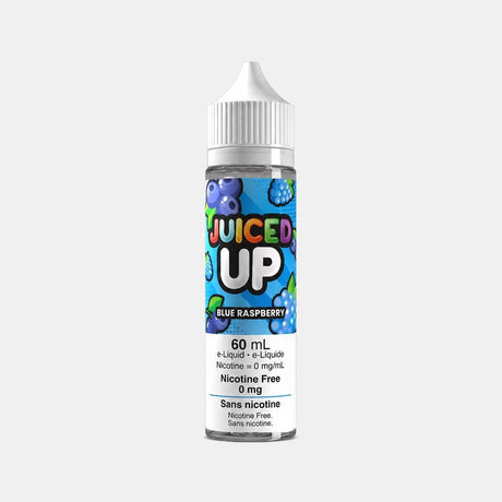 Juiced Up Blue Raspberry 60mL nicotine-free e-liquid bottle with sweet tangy blue razz flavour