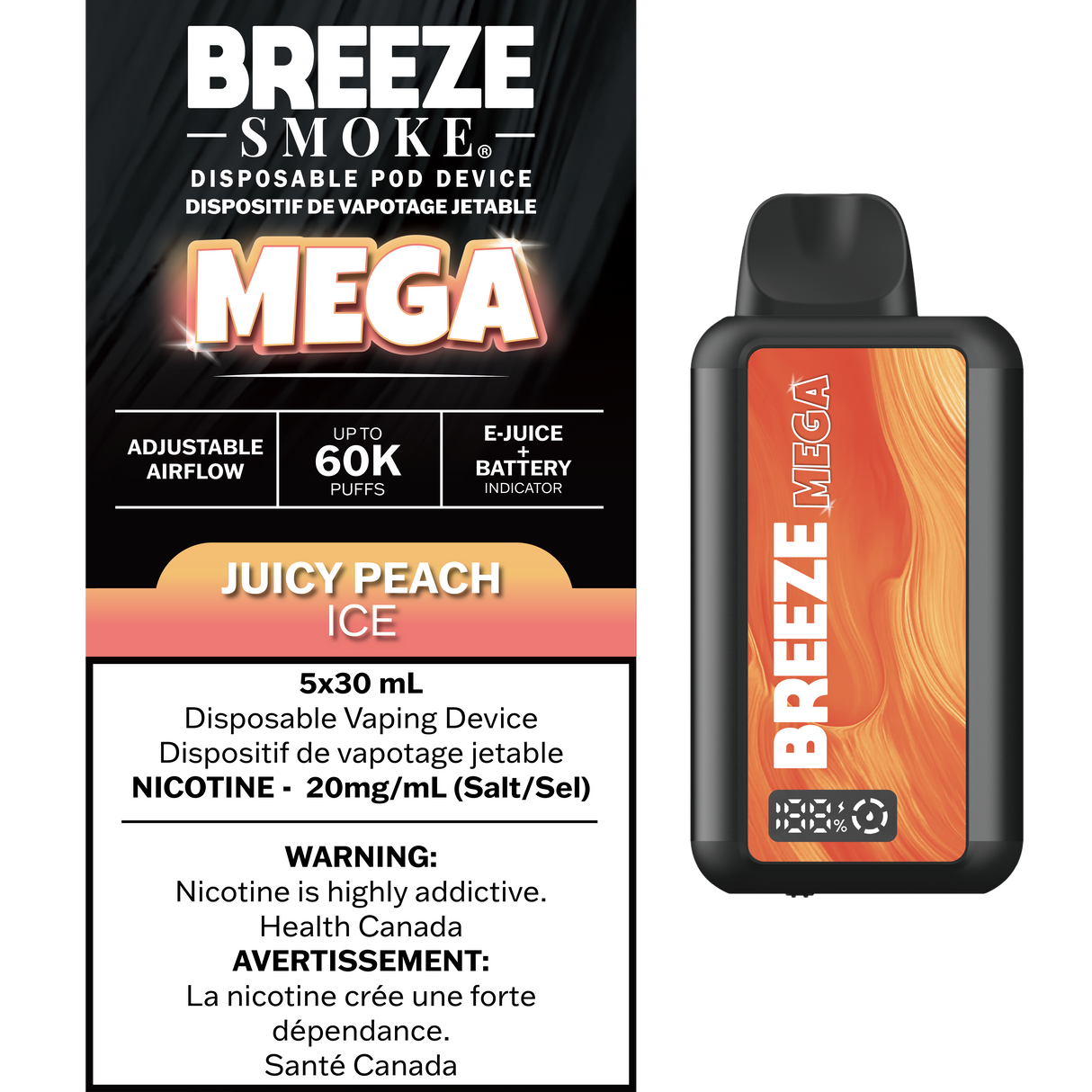 Juicy Peach Ice – Breeze Mega 60000 Puffs – 20mg Nicotine – 30mL e-liquid