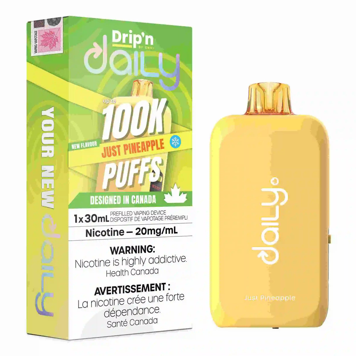 Shop Just Pineapple Drip’n Daily 30mL Disposable Vape in Canada. Pineapple flavour, 100K puffs, 20mg nicotine, and Eco/Boost Mode.