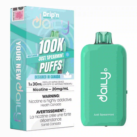 Just Spearmint Drip’n Daily 30mL Disposable Vape with spearmint flavour and 100,000 puffs