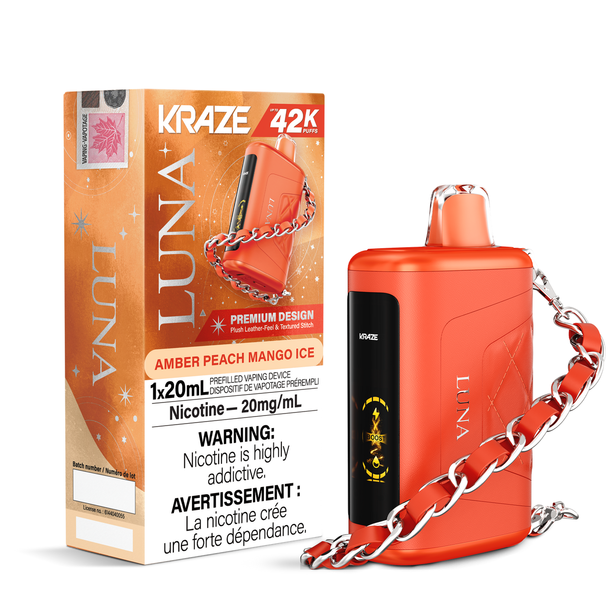 Amber Peach Mango Ice - 42000 puffs - 20mg/ml nicotine strength - 20ml e-juice - KRAZE LUNA Disposable Vape 42K