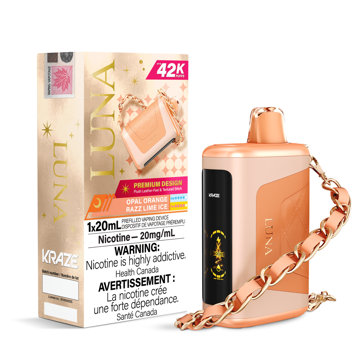 KRAZE LUNA 42k Puffs Disposable Vape, 20mL Prefilled vaping device - Opal Orange Razz Lime Ice
