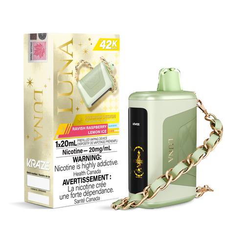 KRAZE LUNA 42k Puffs Disposable Vape, 20mL Prefilled vaping device. Ravish Raspberry Lemon IceKRAZE LUNA 42k Puffs Disposable Vape, 20mL Prefilled vaping device. White Cocoa Swirl