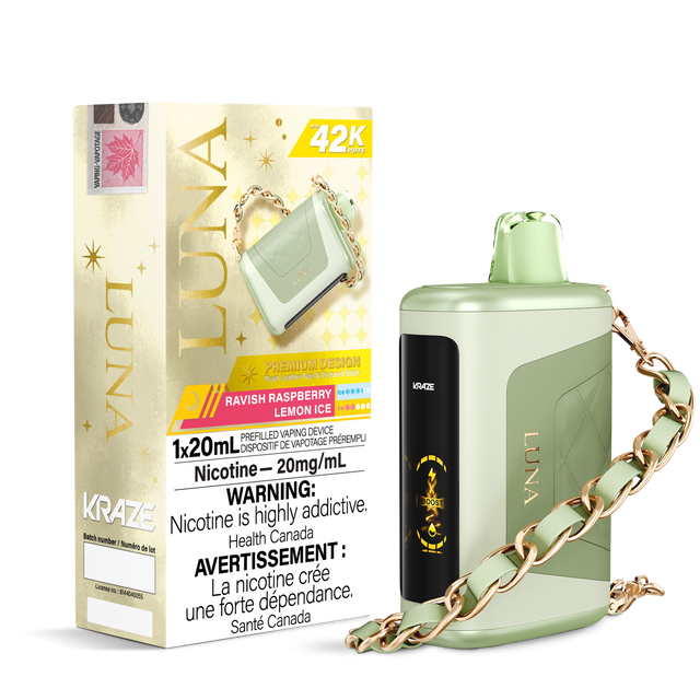 KRAZE LUNA 42k Puffs Disposable Vape, 20mL Prefilled vaping device. Ravish Raspberry Lemon IceKRAZE LUNA 42k Puffs Disposable Vape, 20mL Prefilled vaping device. White Cocoa Swirl