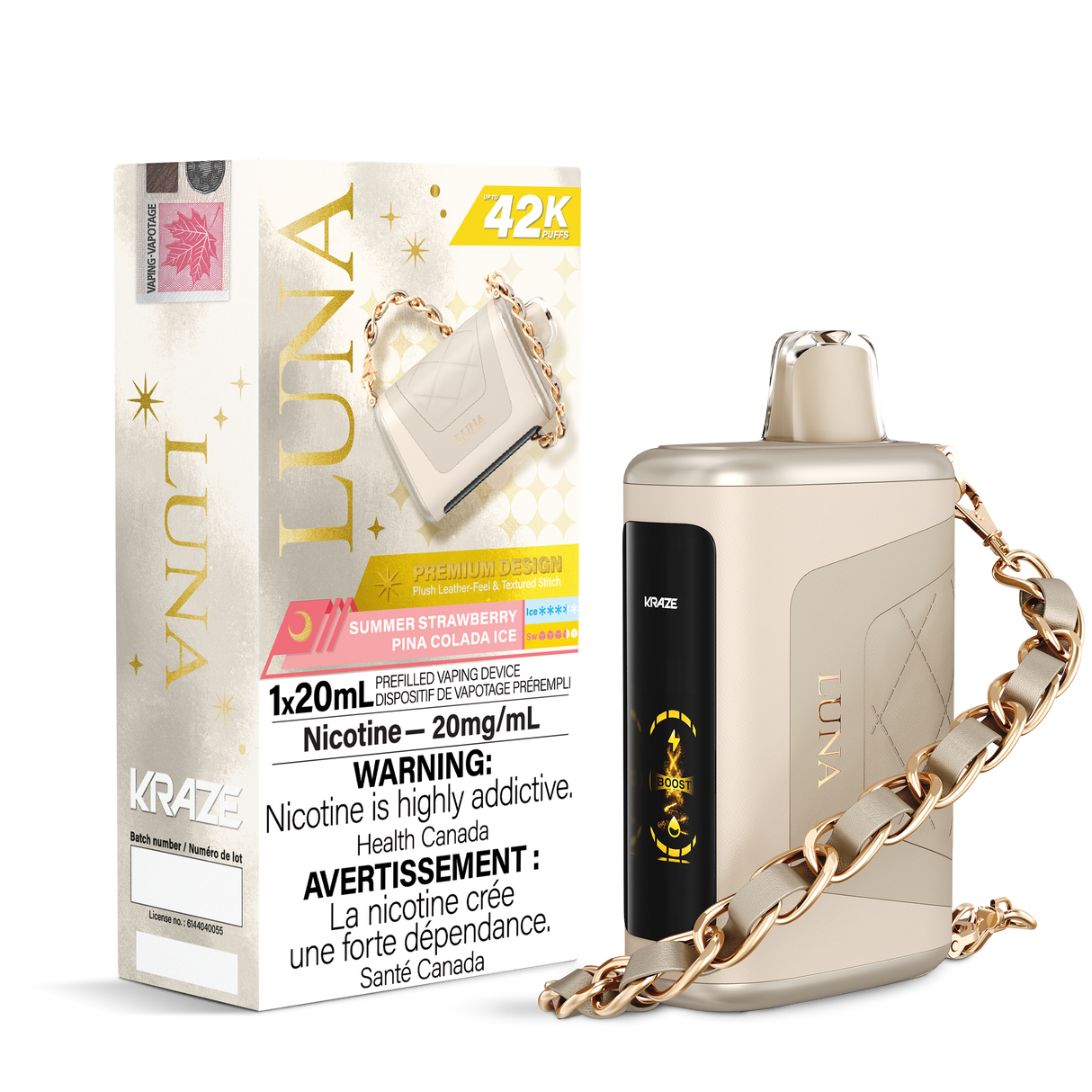 KRAZE LUNA 42k Puffs Disposable Vape, 20mL Prefilled vaping device. Summer Strawberry Pina Colada Ice