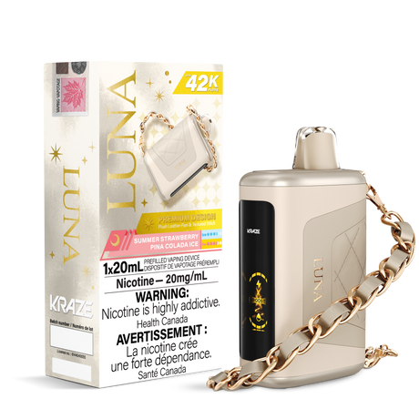 KRAZE LUNA 42k Puffs Disposable Vape, 20mL Prefilled vaping device. Summer Strawberry Pina Colada Ice