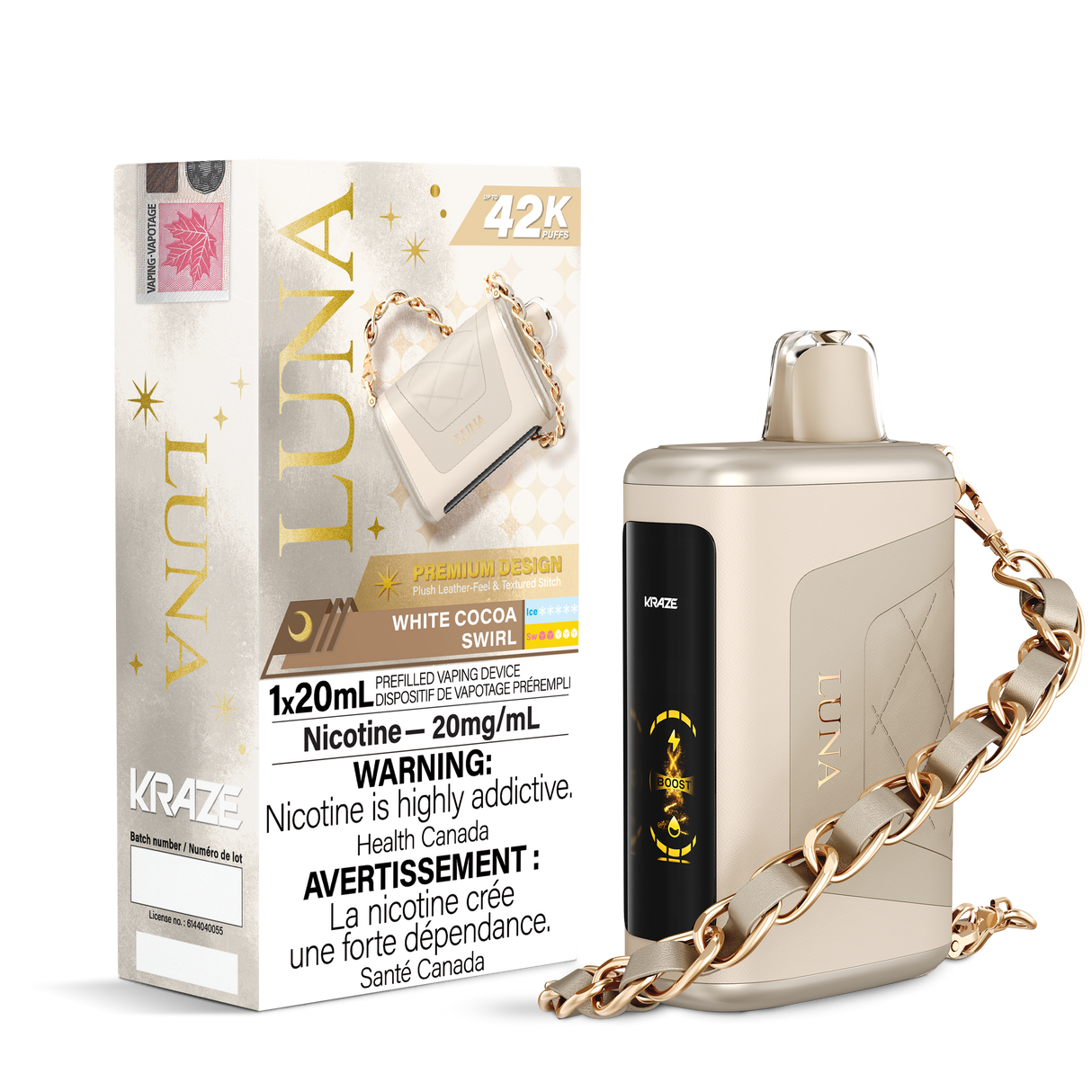 KRAZE LUNA 42k Puffs Disposable Vape, 20mL Prefilled vaping device. White Cocoa Swirl