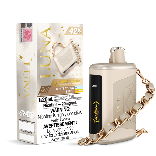 KRAZE LUNA 42k Puffs Disposable Vape, 20mL Prefilled vaping device. White Cocoa Swirl