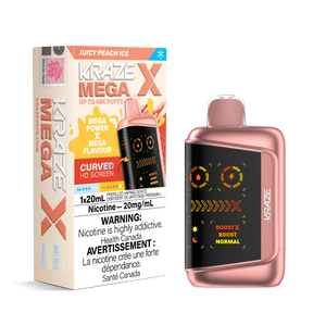 KRAZE MEGA X 48K Disposable Vape Juicy Peach Ice with ripe peach flavour, cooling ice finish, 48,000 puffs and adjustable wattage control
