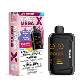 KRAZE MEGA X 48K Disposable Vape Quad Berry Ice featuring mixed berry flavour, 20mL e-liquid, 48,000 puffs and sub-ohm dual mesh coil
