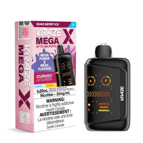 KRAZE MEGA X 48K Disposable Vape Quad Berry Ice featuring mixed berry flavour, 20mL e-liquid, 48,000 puffs and sub-ohm dual mesh coil