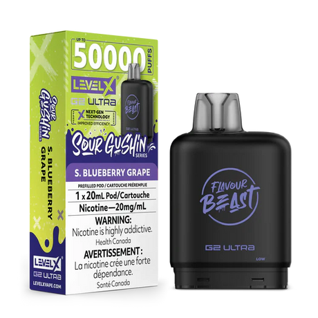 Flavour Beast Level X G2 Ultra 50k Sour Gushin S. Blueberry Grape pod with up to 50,000 puffs and dual mesh coil in Canada