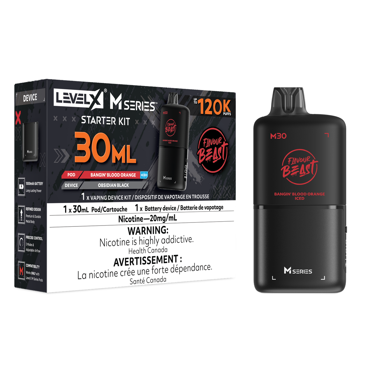 Level X M Series Bangin Blood Orange Iced M30 Starter Kit with 120K pod, digital display and 1000mAh battery