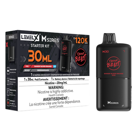 Level X M Series Bangin Blood Orange Iced M30 Starter Kit with 120K pod, digital display and 1000mAh battery