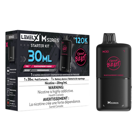 Blue Raspberry Cherry Level X M Series Starter Kit with Obsidian Black 1000mAh device and 30mL M30 pod rated up to 120K puffs