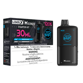 Level X Bomb Blue Razz M30 120K Starter Kit with 30mL blue raspberry pod, digital display and rechargeable battery