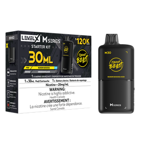Level X M30 Bussin Banana Iced 120K Starter Kit with 30mL banana ice pod, digital display and rechargeable battery