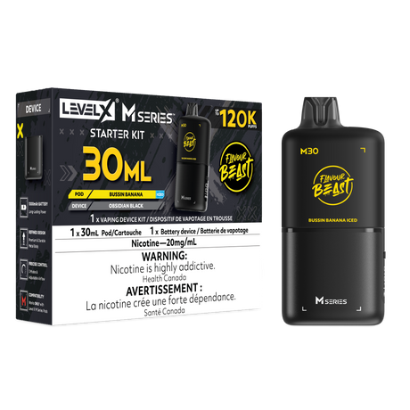 Level X M30 Bussin Banana Iced 120K Starter Kit with 30mL banana ice pod, digital display and rechargeable battery