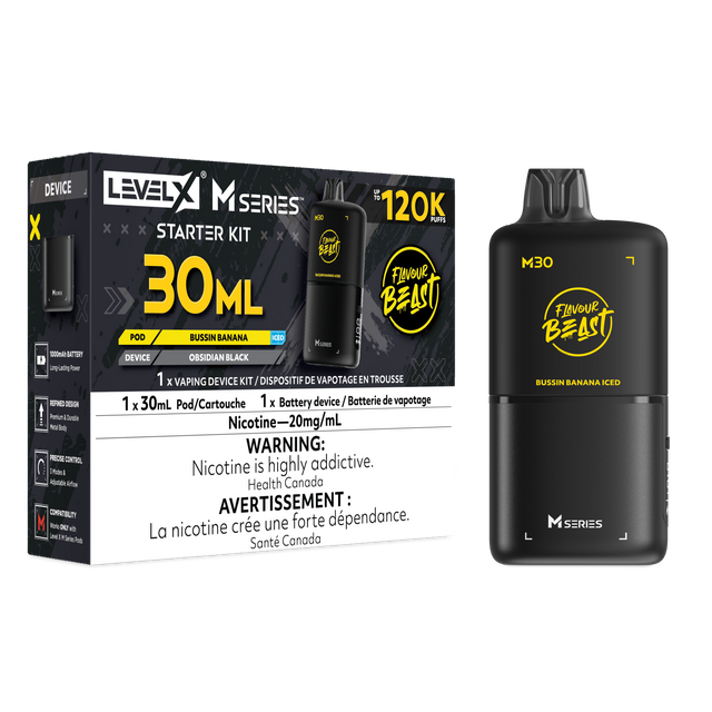 Level X M30 Bussin Banana Iced 120K Starter Kit with 30mL banana ice pod, digital display and rechargeable battery