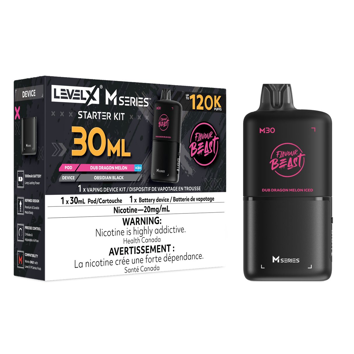 Level X M30 Dub Dragon Melon Iced 120K Starter Kit with 30mL cantaloupe dragonfruit strawberry ice pod and rechargeable device