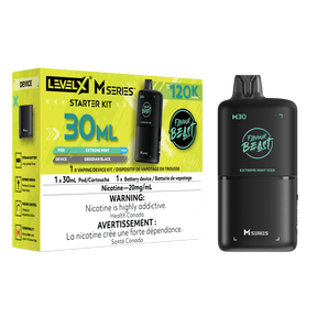 Level X M30 Extreme Mint Iced 120K Starter Kit with 30mL mint pod, digital display and rechargeable Obsidian Black battery