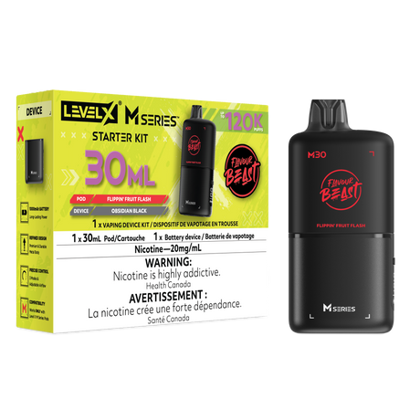 Level X M30 Flippin Fruit Flash 120K Starter Kit with 30mL mixed fruit low ice pod and rechargeable digital display device