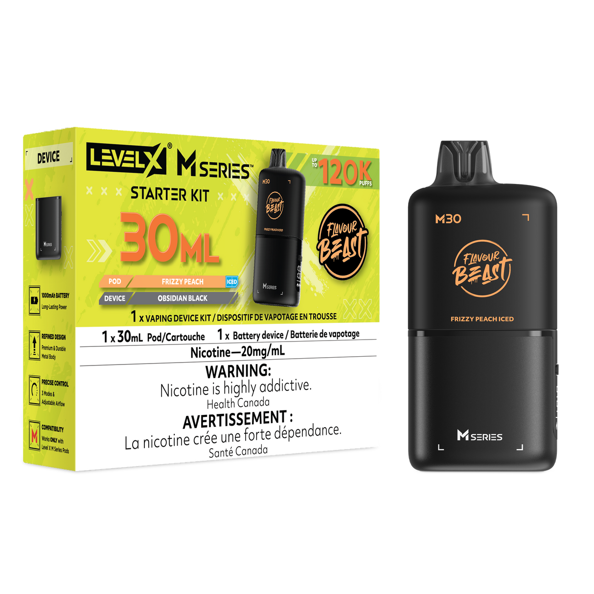 Level X M30 Frizzy Peach Iced 120K Starter Kit with 30mL peach ice cartridge and Obsidian Black battery