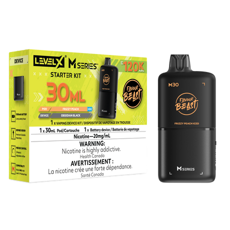 Level X M30 Frizzy Peach Iced 120K Starter Kit with 30mL peach ice cartridge and Obsidian Black battery